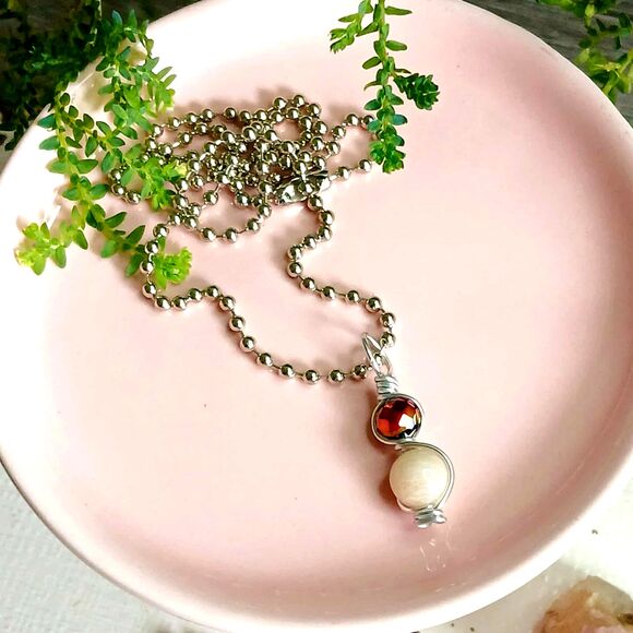 Boho Chic Sunstone Crystal Necklace, Gemstone Jewelry, 16" Ball Chain - Picture 3 of 4